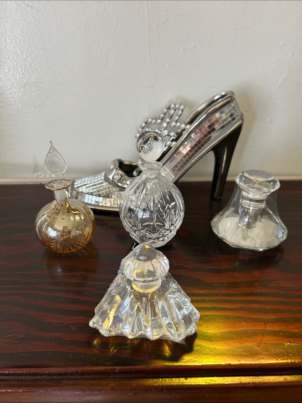 Crystal Perfume Bottle Set with Silver Accent Shoe Display